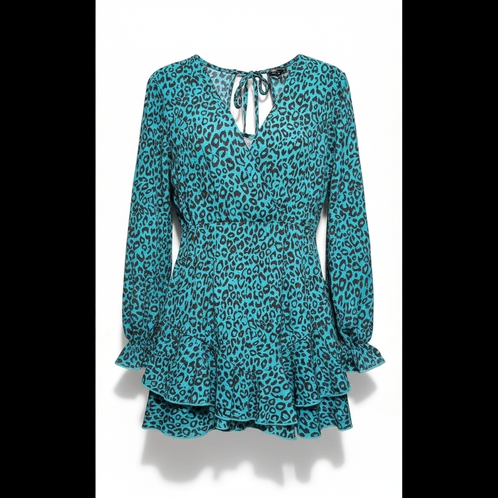 Elegant Teal Leopard Print Long Sleeve Dress